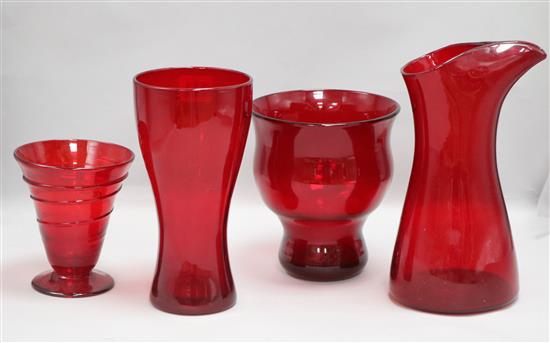 Four red Whitefriars glass vessels